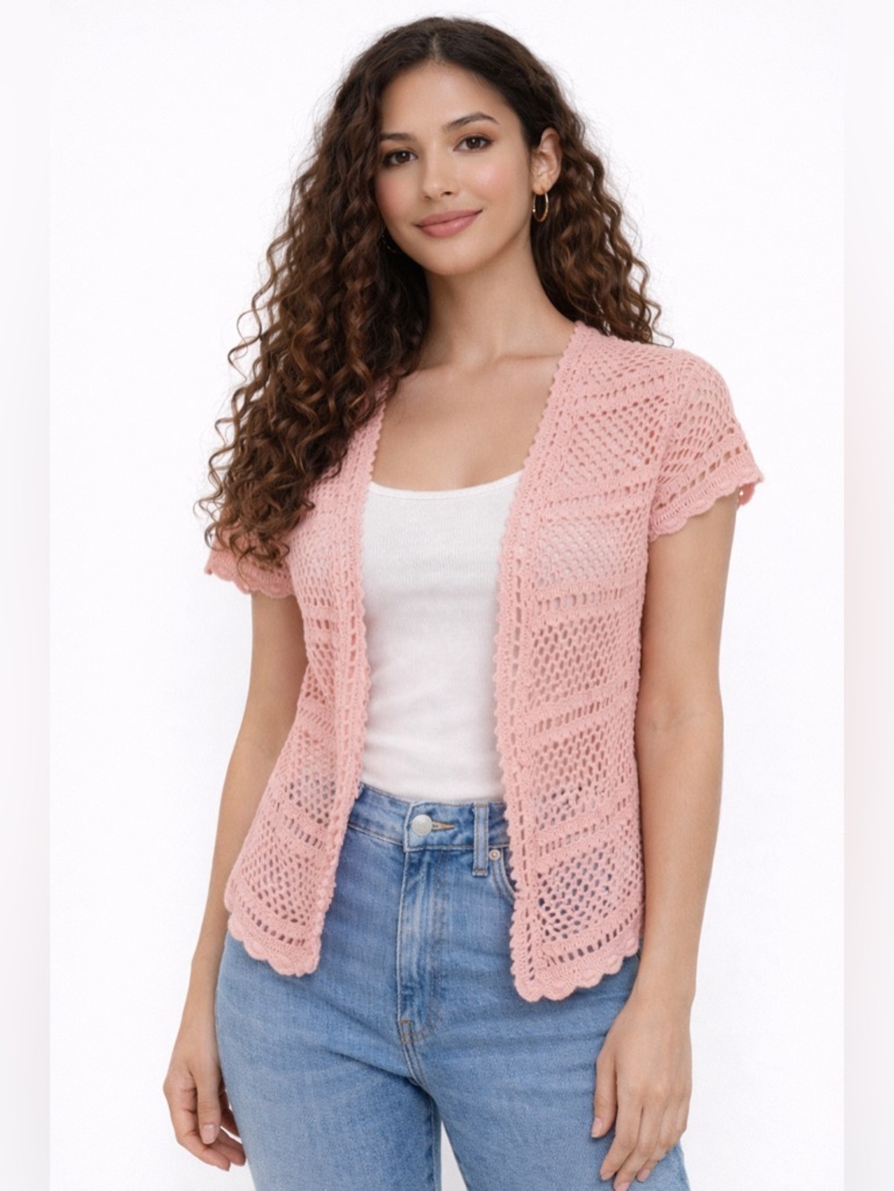 Vintage Y2K Pink Crochet Cardigan Sweater Project Ramie Cotton Open Knit Boho